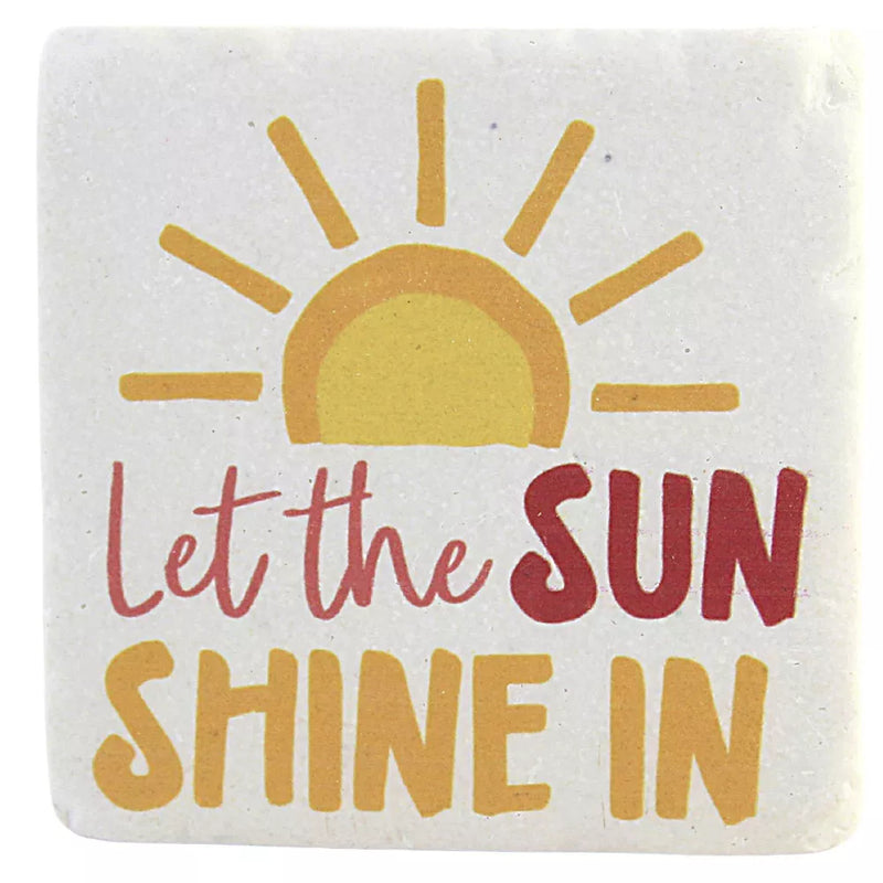 A set of four off-white coasters, each with a different sun design and cheerful quote like "You Are My Sunshine".

