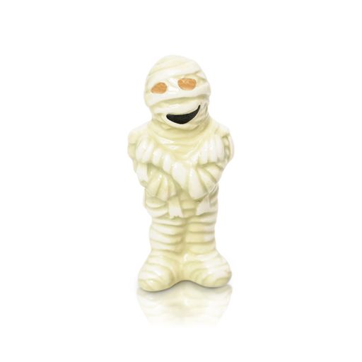 Nora Fleming mummy mini wrapped in white bandages with playful eyes; spooky Halloween table accent; hand wash only.

