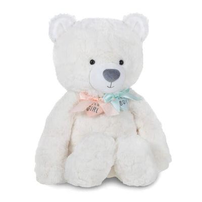 White teddy bear with a pink and blue bow tied around its neck. The teddy bear is sitting on a white background