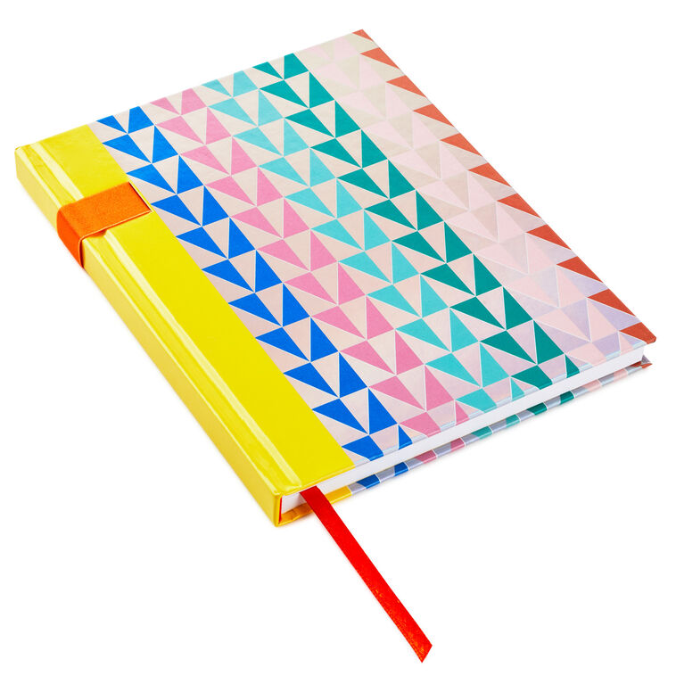 Hardback notebook with multicolored and silver laser foil triangles, yellow spine, elastic pen loop, ribbon bookmark, 160 lined pages, Hallmark

