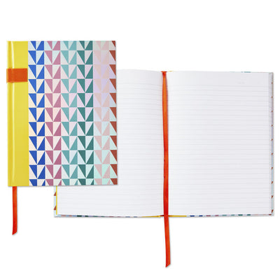 Hardback notebook with multicolored and silver laser foil triangles, yellow spine, elastic pen loop, ribbon bookmark, 160 lined pages, Hallmark
