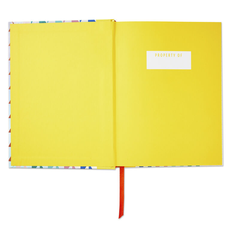 Hardback notebook with multicolored and silver laser foil triangles, yellow spine, elastic pen loop, ribbon bookmark, 160 lined pages, Hallmark

