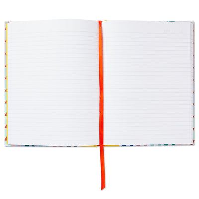 Hardback notebook with multicolored and silver laser foil triangles, yellow spine, elastic pen loop, ribbon bookmark, 160 lined pages, Hallmark
