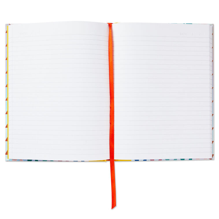 Hardback notebook with multicolored and silver laser foil triangles, yellow spine, elastic pen loop, ribbon bookmark, 160 lined pages, Hallmark
