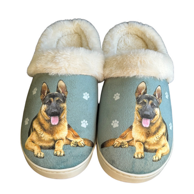German Shepherd-themed slippers with plush interior, tan and black features, and non-slip soles.