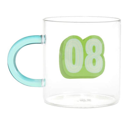 Clear glass mug with green handle. Number "80" printed on the side in green