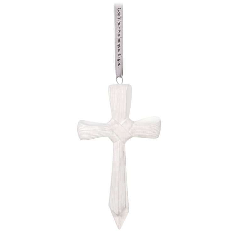 Porcelain cross ornament with palm leaf texture and ribbon inscribed with faith message, for Christmas or spiritual gift.
