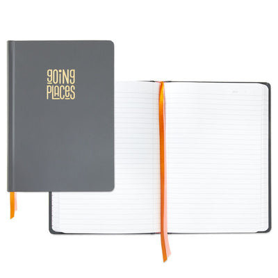 Gray hardback notebook with gold foil Going Places text, bright orange elastic band closure, two ribbon bookmarks, lined and grid pages, Hallmark
