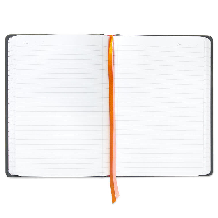 Gray hardback notebook with gold foil Going Places text, bright orange elastic band closure, two ribbon bookmarks, lined and grid pages, Hallmark
