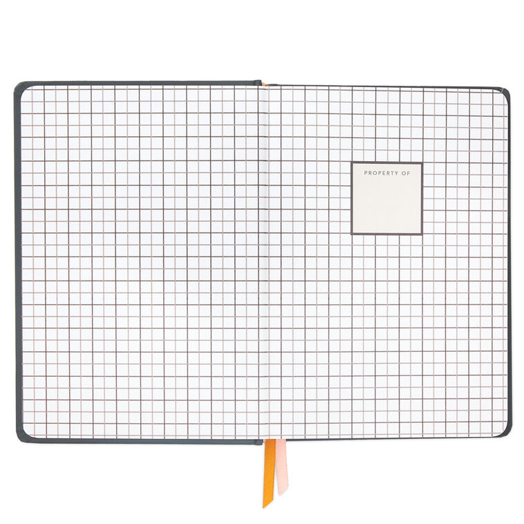 Gray hardback notebook with gold foil Going Places text, bright orange elastic band closure, two ribbon bookmarks, lined and grid pages, Hallmark
