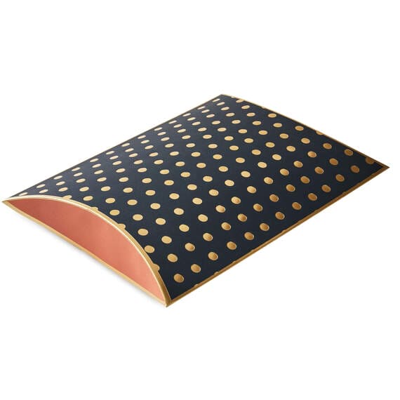 Black pillow gift box with gold foil dots and pink and orange ends, 9 x 5.5 x 1.5 inches.

