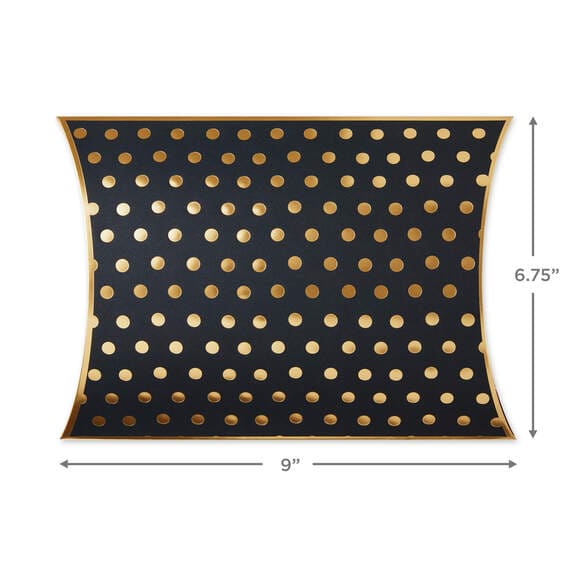 Black pillow gift box with gold foil dots and pink and orange ends, 9 x 5.5 x 1.5 inches.

