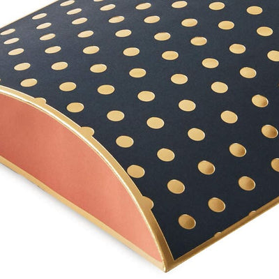 Black pillow gift box with gold foil dots and pink and orange ends, 9 x 5.5 x 1.5 inches.
