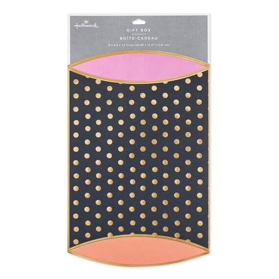 Black pillow gift box with gold foil dots and pink and orange ends, 9 x 5.5 x 1.5 inches.

