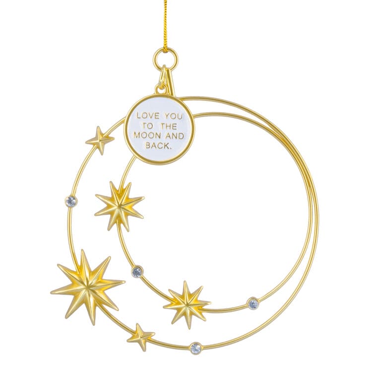 Hallmark Signature metal constellation ornament with gold stars and “Love you to the moon and back” moon charm