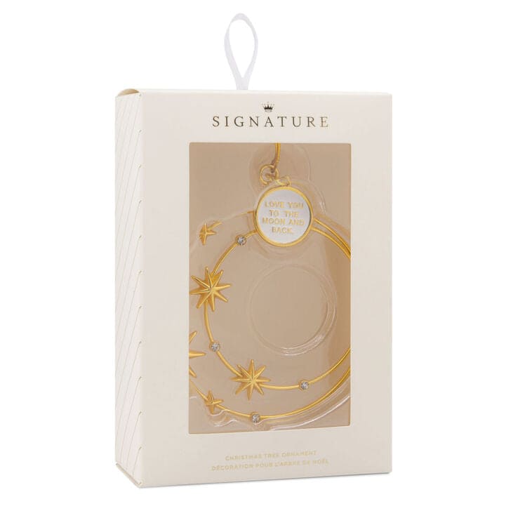 Hallmark Signature metal constellation ornament with gold stars and “Love you to the moon and back” moon charm