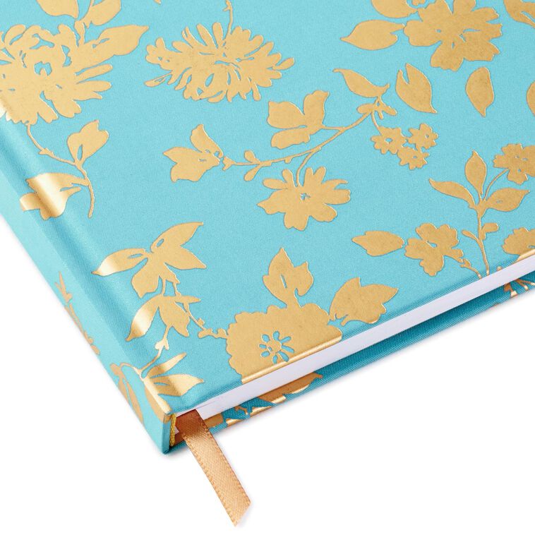 Aqua hardback notebook with gold foil toile floral pattern, fabric cover, rounded corners, gold ribbon bookmark, 160 lined pages, Hallmark
