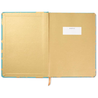 Aqua hardback notebook with gold foil toile floral pattern, fabric cover, rounded corners, gold ribbon bookmark, 160 lined pages, Hallmark
