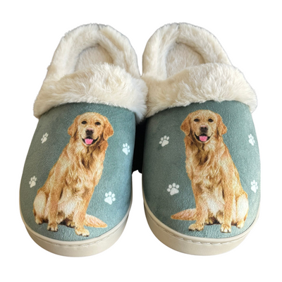 Golden Retriever slippers with soft plush design, paw accents, and cozy non-slip soles—ideal for dog lovers and indoor comfort.