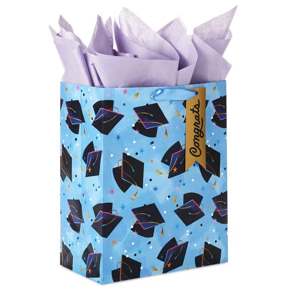 Mortarboards on Blue Large Graduation Gift Bag With Tissue Paper, 13"