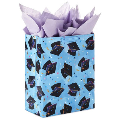 Mortarboards on Blue Large Graduation Gift Bag With Tissue Paper, 13"