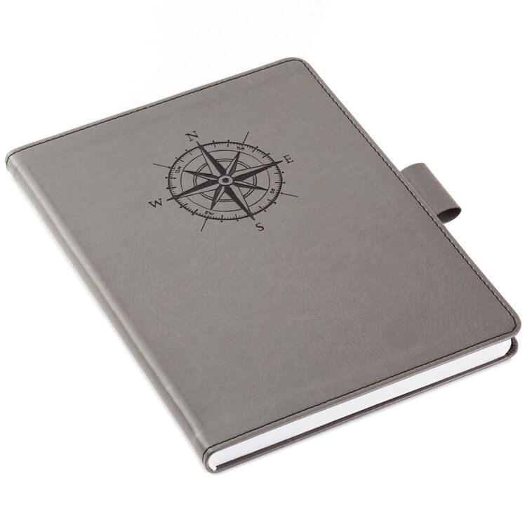 Gray faux leather notebook with black etched compass design, pen loop, rounded corners, topstitching, 160 lined pages, Hallmark
