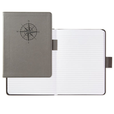 Gray faux leather notebook with black etched compass design, pen loop, rounded corners, topstitching, 160 lined pages, Hallmark
