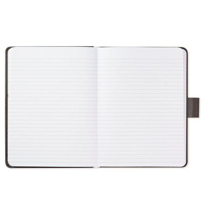 Gray faux leather notebook with black etched compass design, pen loop, rounded corners, topstitching, 160 lined pages, Hallmark
