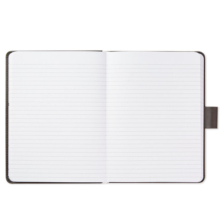 Gray faux leather notebook with black etched compass design, pen loop, rounded corners, topstitching, 160 lined pages, Hallmark
