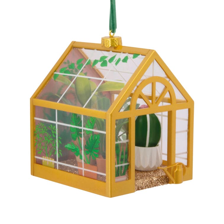 Hallmark greenhouse ornament with potted plants and gold floor
