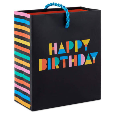 Mini black birthday gift bag with colorful "Happy Birthday" lettering, twisted cord handle, perfect for gift cards or small 
