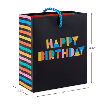 Mini black birthday gift bag with colorful "Happy Birthday" lettering, twisted cord handle, perfect for gift cards or small 
