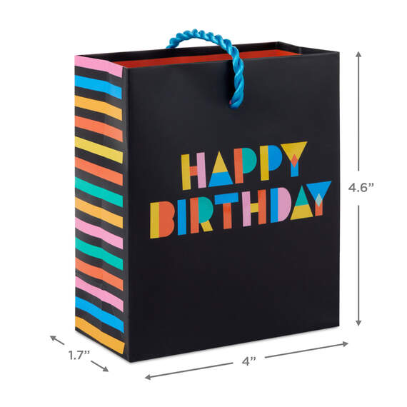 Mini black birthday gift bag with colorful "Happy Birthday" lettering, twisted cord handle, perfect for gift cards or small 

