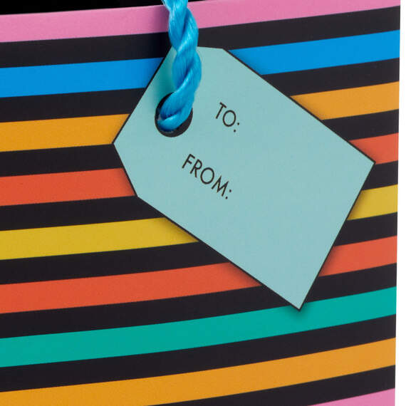 Mini black birthday gift bag with colorful "Happy Birthday" lettering, twisted cord handle, perfect for gift cards or small 
