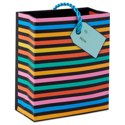 Mini black birthday gift bag with colorful "Happy Birthday" lettering, twisted cord handle, perfect for gift cards or small 
