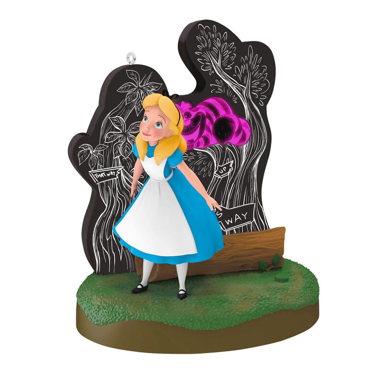 Alice stands in Wonderland before a glowing tree as the Cheshire Cat fades in and out in this Hallmark Keepsake Disney ornament.