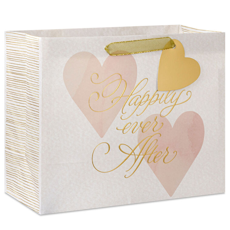 Hallmark medium white gift bag with pink watercolor hearts and gold foil “Happily Ever After” text, ideal for weddings or anniversaries.