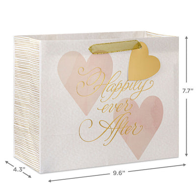 Hallmark medium white gift bag with pink watercolor hearts and gold foil “Happily Ever After” text, ideal for weddings or anniversaries.