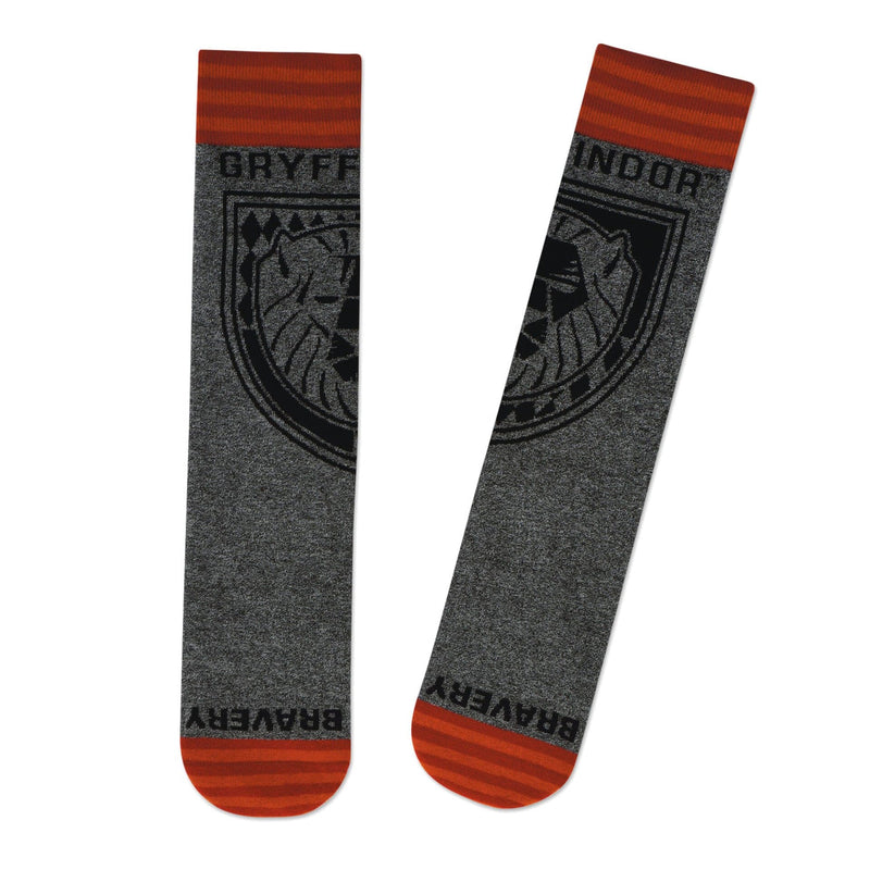 Hallmark Gryffindor crew socks with marled gray knit and red striped cuff and toe accents displayed flat on a white background.