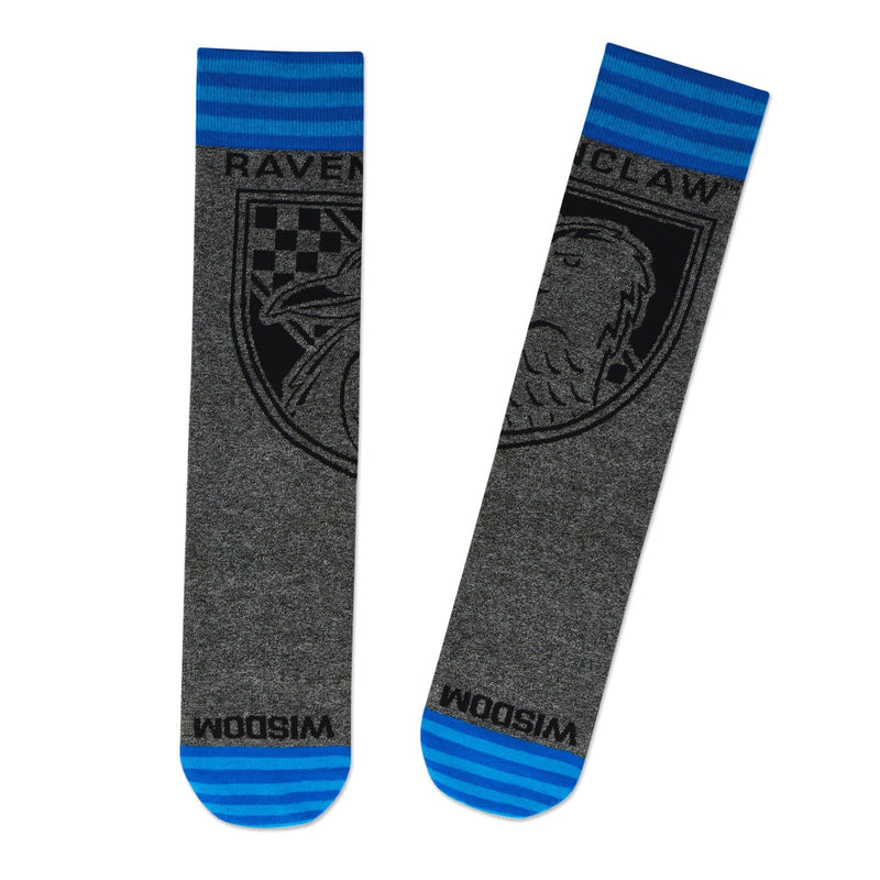 Hallmark Ravenclaw crew socks with gray marled fabric and blue crest and stripes, placed flat in side-by-side