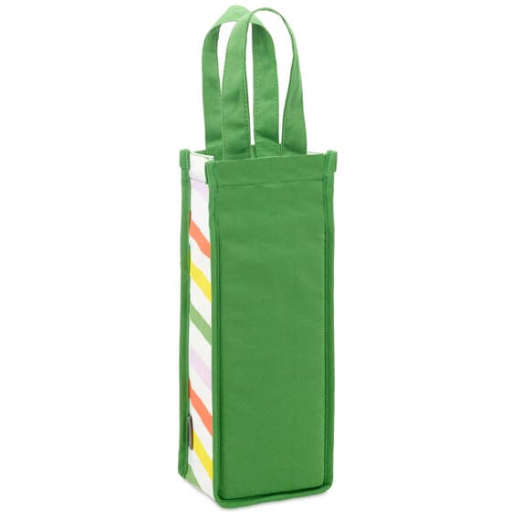 Hallmark green canvas wine bag with colorful polka dots, striped gussets, and "Here&