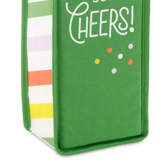 Hallmark green canvas wine bag with colorful polka dots, striped gussets, and "Here&