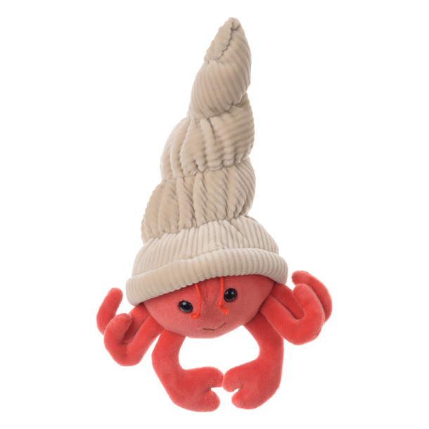 Soft plush hermit crab with a corduroy fabric shell and red claws, perfect for cuddling and travel.

