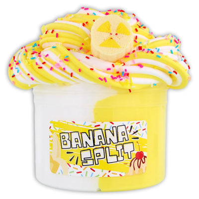 cup filled with banana split ice cream topped with rainbow sprinkles. Text on the cup reads “BANANAZ” and “SPLIT