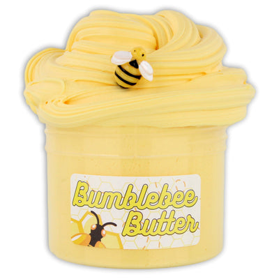 Yellow and black buttery slime with a soft texture, inspired by bumblebees and honey, featuring a sweet, floral scent for sensory play.