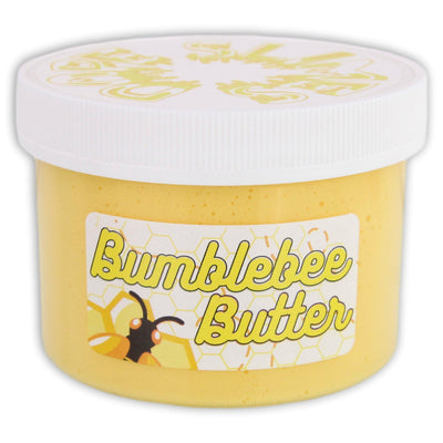 Yellow and black buttery slime with a soft texture, inspired by bumblebees and honey, featuring a sweet, floral scent for sensory play.