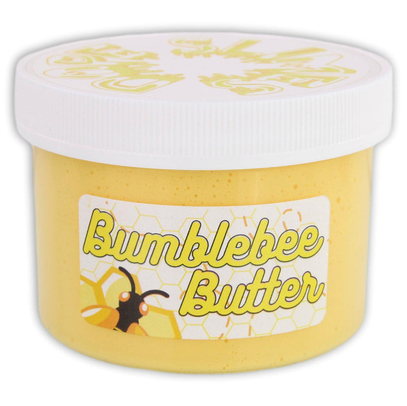 Yellow and black buttery slime with a soft texture, inspired by bumblebees and honey, featuring a sweet, floral scent for sensory play.