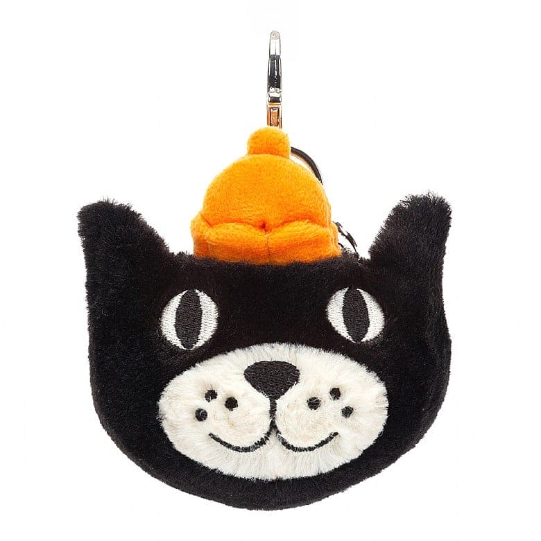 Black cat wearing an orange hat. Keychain