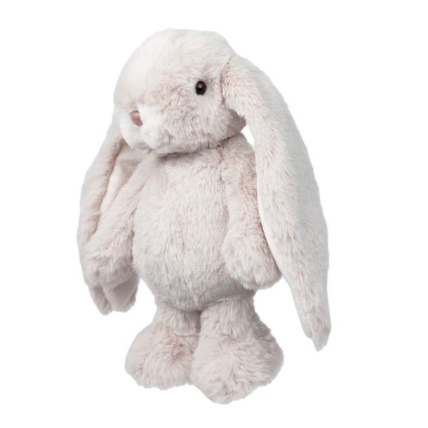 Plush light gray bunny with fluffy ears, gentle expression, 9 inches tall, soft fur, perfect for cuddles, comfort.

