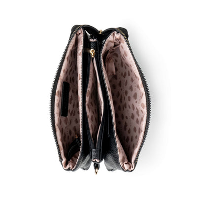 Pink Kedzie Eclipse Crossbody with wristlet and crossbody straps, three zip pockets, and built-in card slots.

